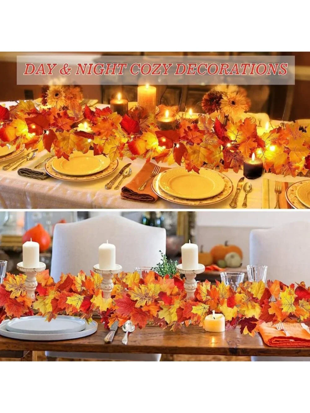 2Pcs Fall Maple Leaves Garland with Timer & Lights - Autumn Thanksgiving Decor